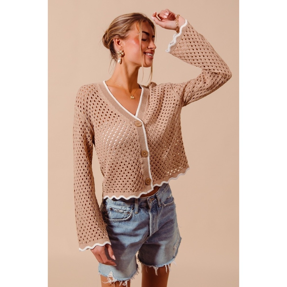 SO‎ ME Open Knit Light Weight Sweater Cardigan With Contrast Wavy Scallop Edge L - Picture 5 of 10